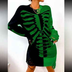 Distressed skeleton bones sweater dress halloween two tone colorblock split fray